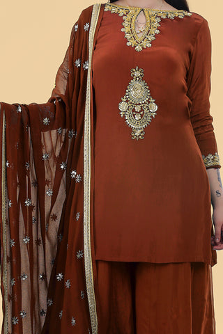 BROWN CREPE KURTA SHARARA SET WITH HAND EMBROIDERY