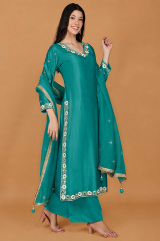 TEAL  SELF KATAN KURTA PANT SET WITH CUTDANA PEARL MIRROR EMBROIDEREY AND ORGANZA DUPPATTA