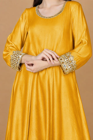 YELLOW MUSTARD SELF KATAN KURTA AND PANT WITH MIRROR WORK AND GEORGGETTE DUPPATTA