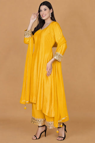 YELLOW MUSTARD SELF KATAN KURTA AND PANT WITH MIRROR WORK AND GEORGGETTE DUPPATTA