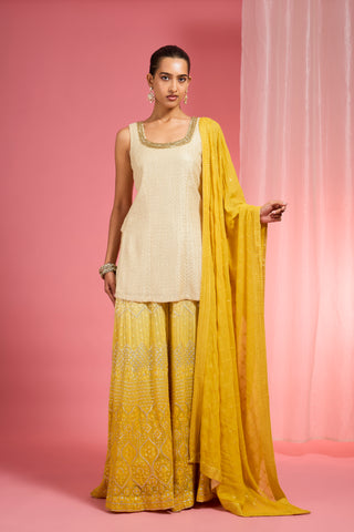 YELLOW OMBRE RESHAM WORK GEORGETTE SHARARA SET