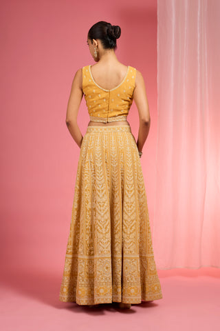 MUSTARD YELLOW DORI AND RESHAM WORK GEORGETTE LEHENGA CAPE SET