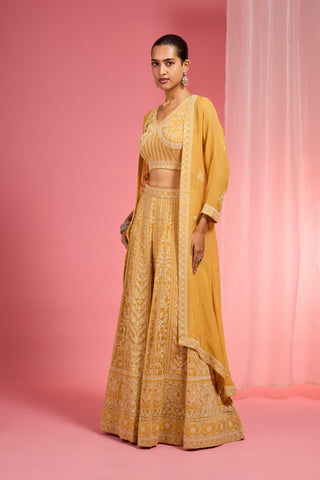 MUSTARD YELLOW DORI AND RESHAM WORK GEORGETTE LEHENGA CAPE SET