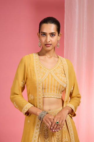 MUSTARD YELLOW DORI AND RESHAM WORK GEORGETTE LEHENGA CAPE SET