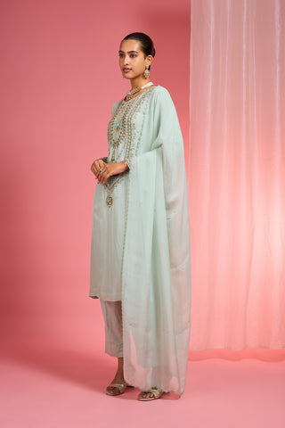 LIGHT SEA GREEN ORGANZA SEQUIN BEADS DABKA WORK KURTA SET