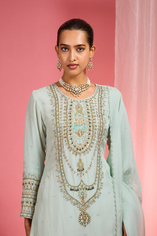 LIGHT SEA GREEN ORGANZA SEQUIN BEADS DABKA WORK KURTA SET
