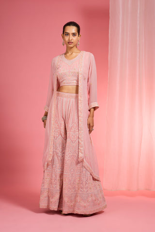 LIGHT PINK DORI AND RESHAM WORK GEORGETTE CAPE SHARARA SET