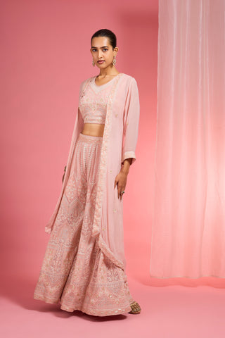 LIGHT PINK DORI AND RESHAM WORK GEORGETTE CAPE SHARARA SET