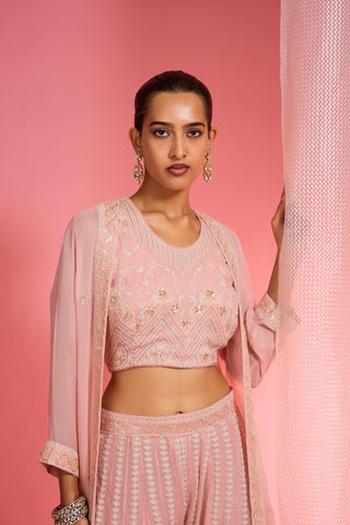 LIGHT PINK DORI AND RESHAM WORK GEORGETTE CAPE SHARARA SET
