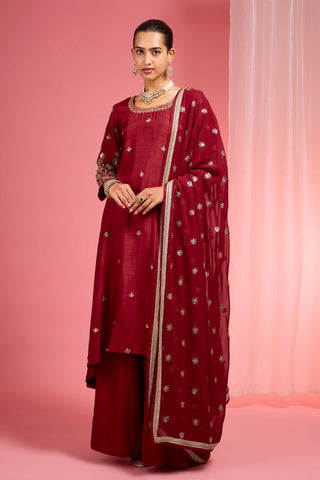REDDISH MAROON HAND EMBROIDERED VISCOSE DUPION SILK KURTA SHARARA SET