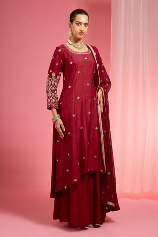 REDDISH MAROON HAND EMBROIDERED VISCOSE DUPION SILK KURTA SHARARA SET