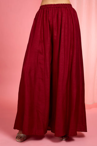 REDDISH MAROON HAND EMBROIDERED VISCOSE DUPION SILK KURTA SHARARA SET