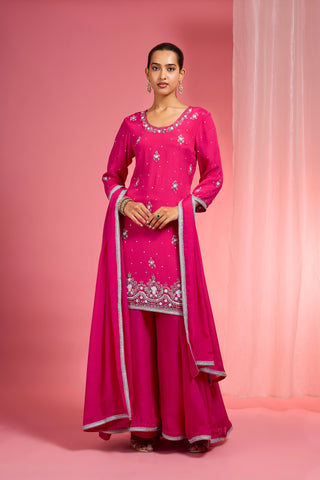 HOT PINK VISCOSE CHINON CHIFFON SILVER HAND EMBROIDERED SHARARA SET