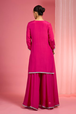 HOT PINK VISCOSE CHINON CHIFFON SILVER HAND EMBROIDERED SHARARA SET