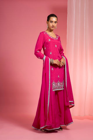 HOT PINK VISCOSE CHINON CHIFFON SILVER HAND EMBROIDERED SHARARA SET