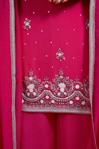 HOT PINK VISCOSE CHINON CHIFFON SILVER HAND EMBROIDERED SHARARA SET
