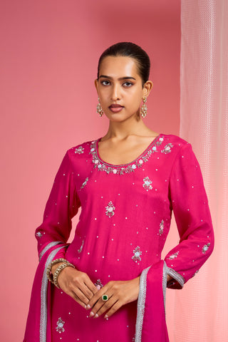 HOT PINK VISCOSE CHINON CHIFFON SILVER HAND EMBROIDERED SHARARA SET