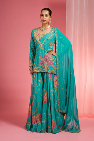 TEAL VISCOSE ORGANZA HANDWORK HIGHLIGHTED PRINTED SHARARA SET