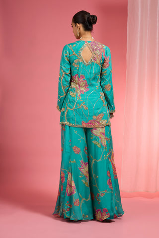 TEAL VISCOSE ORGANZA HANDWORK HIGHLIGHTED PRINTED SHARARA SET