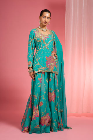 TEAL VISCOSE ORGANZA HANDWORK HIGHLIGHTED PRINTED SHARARA SET