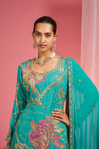 TEAL VISCOSE ORGANZA HANDWORK HIGHLIGHTED PRINTED SHARARA SET