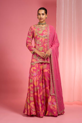 HOT PINK VISCOSE ORGANZA HANDWORK HIGHLIGHTED PRINTED SHARARA SET