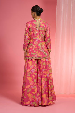 HOT PINK VISCOSE ORGANZA HANDWORK HIGHLIGHTED PRINTED SHARARA SET
