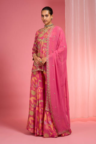 HOT PINK VISCOSE ORGANZA HANDWORK HIGHLIGHTED PRINTED SHARARA SET