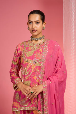 HOT PINK VISCOSE ORGANZA HANDWORK HIGHLIGHTED PRINTED SHARARA SET