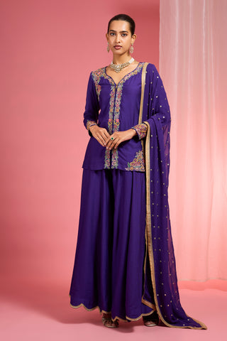 DARK PURPLE VISCOSE KATAN SILK MUTICOLOURED RESHAM EMBROIDERED SHARARA SET