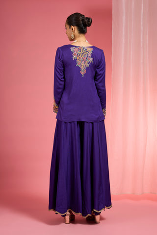 DARK PURPLE VISCOSE KATAN SILK MUTICOLOURED RESHAM EMBROIDERED SHARARA SET