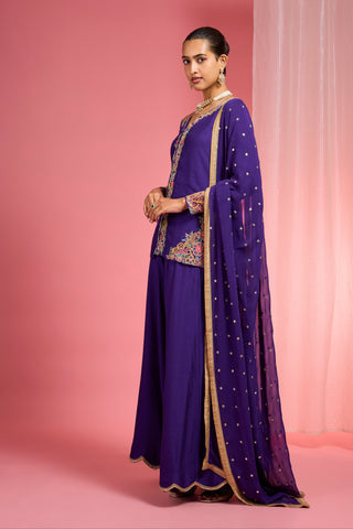 DARK PURPLE VISCOSE KATAN SILK MUTICOLOURED RESHAM EMBROIDERED SHARARA SET