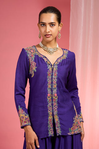 DARK PURPLE VISCOSE KATAN SILK MUTICOLOURED RESHAM EMBROIDERED SHARARA SET