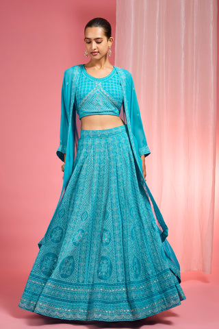 TURQUOISE  DORI AND RESHAM WORK GEORGETTE LEHENGA CAPE SET