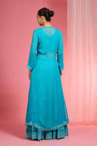 TURQUOISE  DORI AND RESHAM WORK GEORGETTE LEHENGA CAPE SET