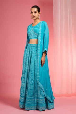 TURQUOISE  DORI AND RESHAM WORK GEORGETTE LEHENGA CAPE SET