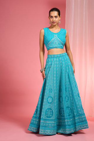 TURQUOISE  DORI AND RESHAM WORK GEORGETTE LEHENGA CAPE SET