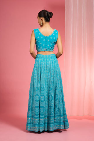TURQUOISE  DORI AND RESHAM WORK GEORGETTE LEHENGA CAPE SET
