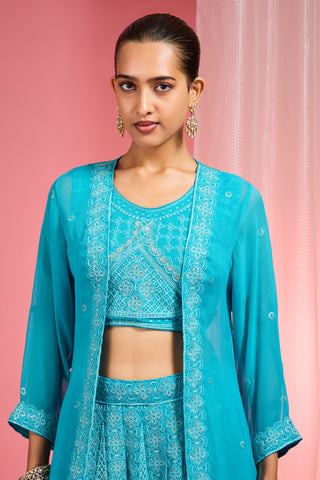 TURQUOISE  DORI AND RESHAM WORK GEORGETTE LEHENGA CAPE SET