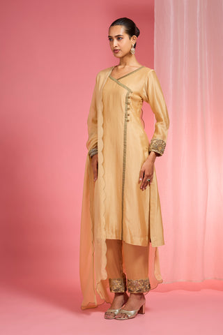 BEIGE CHANDERI HAND EMBROIDERED KURTA SET