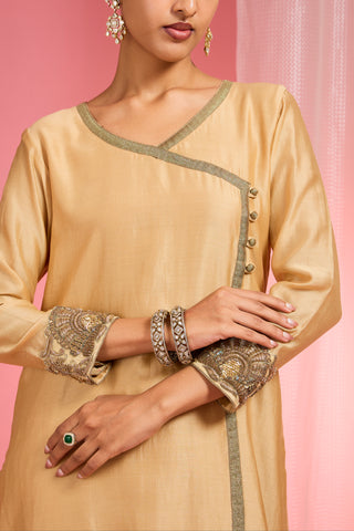 BEIGE CHANDERI HAND EMBROIDERED KURTA SET
