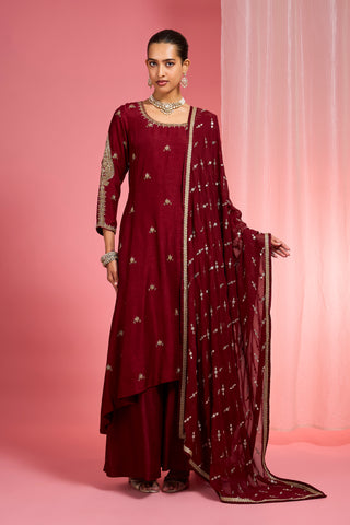 DARK MAROON HAND EMBROIDERED VISCOSE DUPION SILK KURTA SHARARA SET