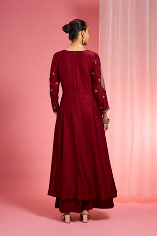 DARK MAROON HAND EMBROIDERED VISCOSE DUPION SILK KURTA SHARARA SET