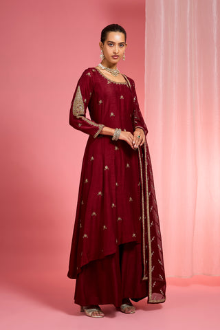 DARK MAROON HAND EMBROIDERED VISCOSE DUPION SILK KURTA SHARARA SET
