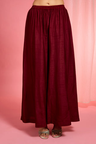 DARK MAROON HAND EMBROIDERED VISCOSE DUPION SILK KURTA SHARARA SET