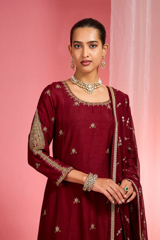 DARK MAROON HAND EMBROIDERED VISCOSE DUPION SILK KURTA SHARARA SET