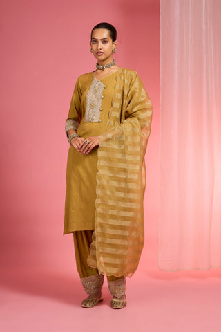 MUSTARD CHANDERI HAND EMBROIDERED KURTA SET