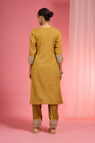 MUSTARD CHANDERI HAND EMBROIDERED KURTA SET