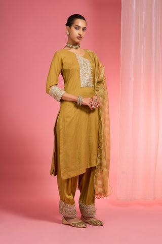 MUSTARD CHANDERI HAND EMBROIDERED KURTA SET
