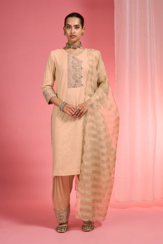 BEIGE  CHANDERI HAND EMBROIDERED KURTA SET